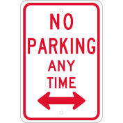 NMC Traffic Sign, No Parking Any Time With Double Arrow, 18" X 12", White, TM016J