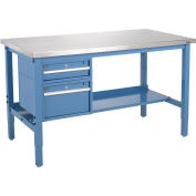 60"W x 30"D Workbench, 1-1/2" Thick Stainless Steel Square Edge with Drawers & Shelf, Blue