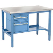 48"W x 30"D Workbench, 1-1/2" Thick SS Square Edge with Drawers & Shelf, Blue
