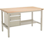 60"W x 36"D Workbench, 1-3/4" Thick Maple Top Square Edge with Drawers & Shelf, Tan