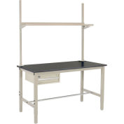 60"W x 36"D Workbench, 1-5/8" Thick Phenolic Resin Safety Edge with Drawer, Upright & Shelf, Tan