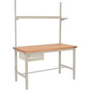 96"W x 30"D Workbench, 1-5/8" Thick Maple Top Square Edge w/ Drawer, Upright & Shelf, Tan