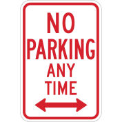 No Parking Any Time Sign, White/Red, Aluminum, 12"W x 18"H