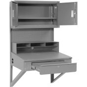 34-1/2"W x 30"D x 61"H Wall Mount Shop Desk with  Pigeonhole Riser, Pegboard Panel & Cabinet, Gray