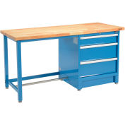 Global Industrial 72Wx30D Modular Workbench, 3 Drawers, Birch Butcher Block Square Edge, Blue