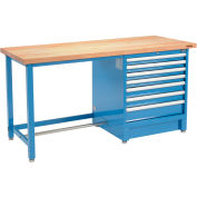Global Industrial 72Wx30D Modular Workbench, 7 Drawers, Maple Butcher Block Square Edge, Blue