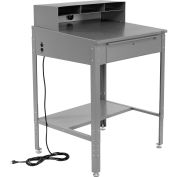 34-1/2"W x 30"D x 38"H Shop Desk with Pigeonhole Riser, Electrical Outlets, Sloped Surface, Gray