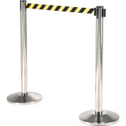 Global Industrial Retractable Belt Barrier, 40" Stainless Steel Post, 10' Black/Yellow Belt - Pkg Qty 2