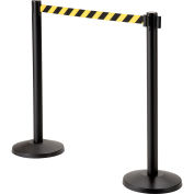 Global Industrial Retractable Belt Barrier, 40" Black Post, 10' Black/Yellow Belt - Pkg Qty 2