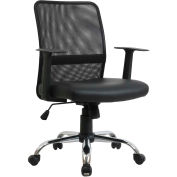 Mesh Back Leather Task Chair With Mid Back & Fixed Arms, Synthetic Leather, Black