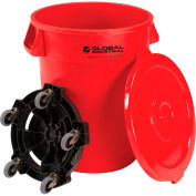 Global Industrial 32 Gallon Plastic Trash Can with Lid & Dolly, Red