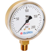 Global Industrial 2" Compressed Gas Gauge, 30 PSI, 1/4" NPT LM, Polished Brass/Red Scale