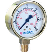 Global Industrial 2-1/2" Pressure Gauge, 15 PSI/KPA, 1/4" NPT LM, Polished Brass
