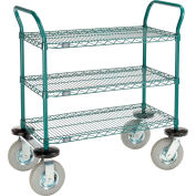 Nexel Utility Cart, 3 Shelf, Poly-Green, 36"L x 18"W x 42"H, Pneumatic Rigid Casters
