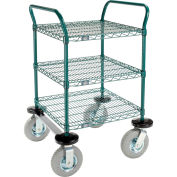 Nexel Utility Cart, 3 Shelf, Poly-Green, 24"L x 24"W x 42"H, Pneumatic Rigid Casters