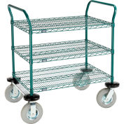 Nexel Utility Cart, 3 Shelf, Poly-Green, 36"L x 24"W x 42"H, Pneumatic Rigid Casters