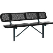 Global Industrial 72"W Outdoor Steel Bench w/ Backrest, Perforated Metal, In Ground Mount, Black