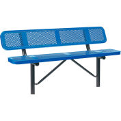 Global Industrial 72"W Outdoor Steel Bench w/ Backrest, Perforated Metal, In Ground Mount, Blue