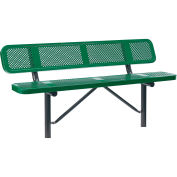 Global Industrial 72"W Outdoor Steel Bench w/ Backrest, Perforated Metal, In Ground Mount, Green