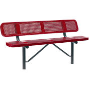 Global Industrial 72"W Outdoor Steel Bench w/ Backrest, Perforated Metal, In Ground Mount, Red