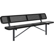 Global Industrial 8' Outdoor Steel Bench w/ Backrest, Perforated Metal, In Ground Mount, Black