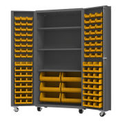 Durham Mfg.® Mobile HD Cabinet w/ 3 Shelves & 102 Yellow Bins, 14 Ga, 36"W x 24"D x 76"H