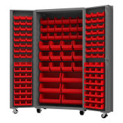 Durham Mfg.® Mobile Heavy Duty Cabinet w/ 132 Red Bins, 14 Gauge, 36"W x 24"D x 76"H