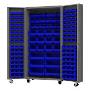 Durham Mfg.® Mobile Heavy Duty Cabinet w/ 132 Blue Bins, 14 Gauge, 36"W x 24"D x 76"H
