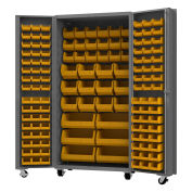 Durham Mfg.® Mobile Heavy Duty Cabinet w/ 132 Yellow Bins, 14 Gauge, 36"W x 24"D x 76"H