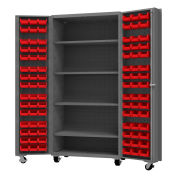 Durham Mfg.® Mobile Heavy Duty Cabinet w/ 4 Shelves & 96 Red Bins, 14 Ga., 36"W x 24"D x 76"H