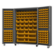 Durham Mfg.® Mobile Heavy Duty Cabinet w/ 168 Yellow Bins, 14 Gauge, 48"W x 24"D x 76"H