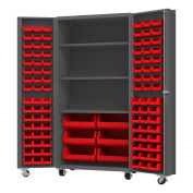 Durham Mfg.® Mobile Heavy Duty Cabinet w/ 3 Shelves & 102 Red Bins, 14 Ga., 36"W x 24"D x 76"H