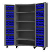 Durham Mfg.® Mobile Heavy Duty Cabinet w/ 4 Shelves & 96 Blue Bins, 14 Ga., 36"W x 24"D x 76"H