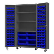 Durham Mfg.® Mobile Heavy Duty Cabinet w/ 3 Shelves & 102 Blue Bins, 14 Ga., 36"W x 24"D x 76"H