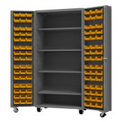 Durham Mfg.® Mobile Heavy Duty Cabinet w/ 4 Shelves & 96 Yellow Bins, 14 Ga, 36"W x 24"D x 76"H