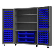 Durham Mfg.® Mobile Heavy Duty Cabinet w/ 3 Shelves & 126 Blue Bins, 14 Ga., 48"W x 24"D x 76"H