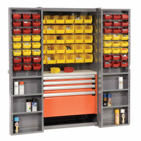 Storage Cabinet With Shelves, 4 Drawers, Yellow/Red Bins, 38x24x72