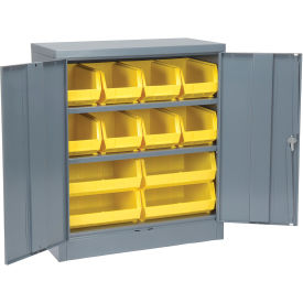 Locking Storage Cabinet With 12 Yellow Stacking Bins and 2 Shelves, Unassembled, 36"W X 18"D X 48"H