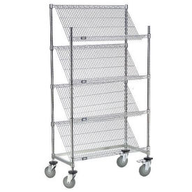 Nexel Chrome Slant Wire Shelving Truck, 4 Shelves With Brakes, 48"W x 24"D x 69"H