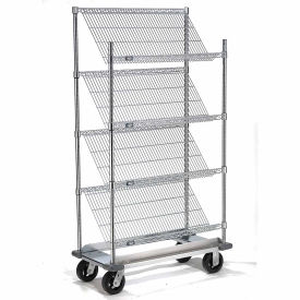 Nexel Chrome Slant Wire Shelving Truck, 4 Shelves With Dolly Base, 36"W x 24"D x 70"H