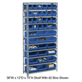 Open Bin Shelving w/8 Shelves & 15 Blue Bins, 36x18x73