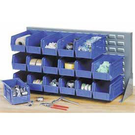 Louvered Bench Rack with (32) Blue Premium Stacking Bins, 36x15x20