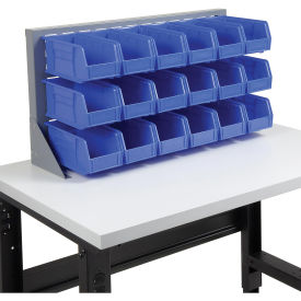 Louvered Bench Rack with (18) Blue Premium Stacking Bins, 36x15x20