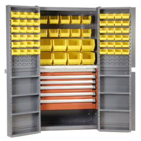 Storage Cabinet With Shelves, 6 Drawers & 68 Yellow Bins, 38x24x72