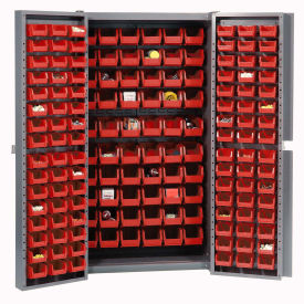 Global Industrial Bin Cabinet with 156 Red Bins, 38x24x72, Assembled