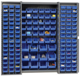 Global Industrial Bin Cabinet with 144 Blue Bins, 38x24x72, Assembled