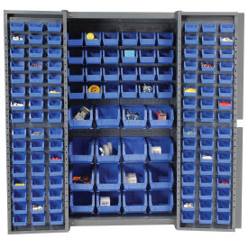 Global Industrial Bin Cabinet with 136 Blue Bins, 38x24x72. Assembled