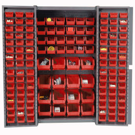 Global Industrial Bin Cabinet with 136 Red Bins, 38x24x72, Assembled