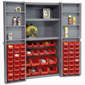 Global Industrial Bin Cabinet with 68 Red Bins, 38x24x72, Assembled