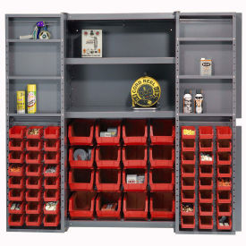 Global Industrial Bin Cabinet with 64 Red Bins, 38x24x72, Assembled